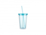 16oz/473ml Double Wall Clear Plastic Tumbler with Straw &amp; Lid (Light Blue)